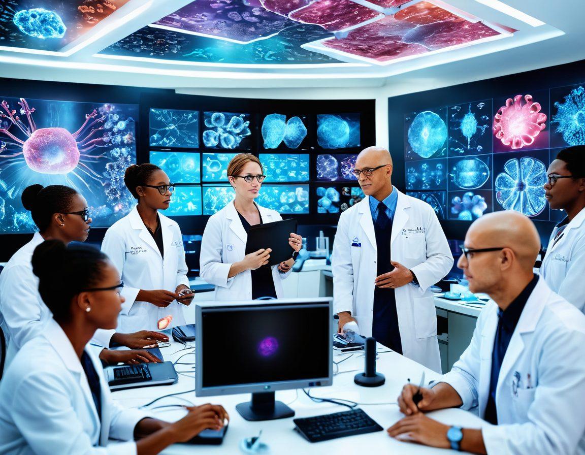 A powerful image of a diverse group of patients and researchers collaborating in a modern lab, surrounded by advanced medical technology and holographic displays of cancer cells. The scene conveys hope and innovation, with vibrant colors highlighting breakthroughs in treatment. Dynamic lighting emphasizes determination and empowerment in the fight against cancer. super-realistic. vibrant colors. white background.