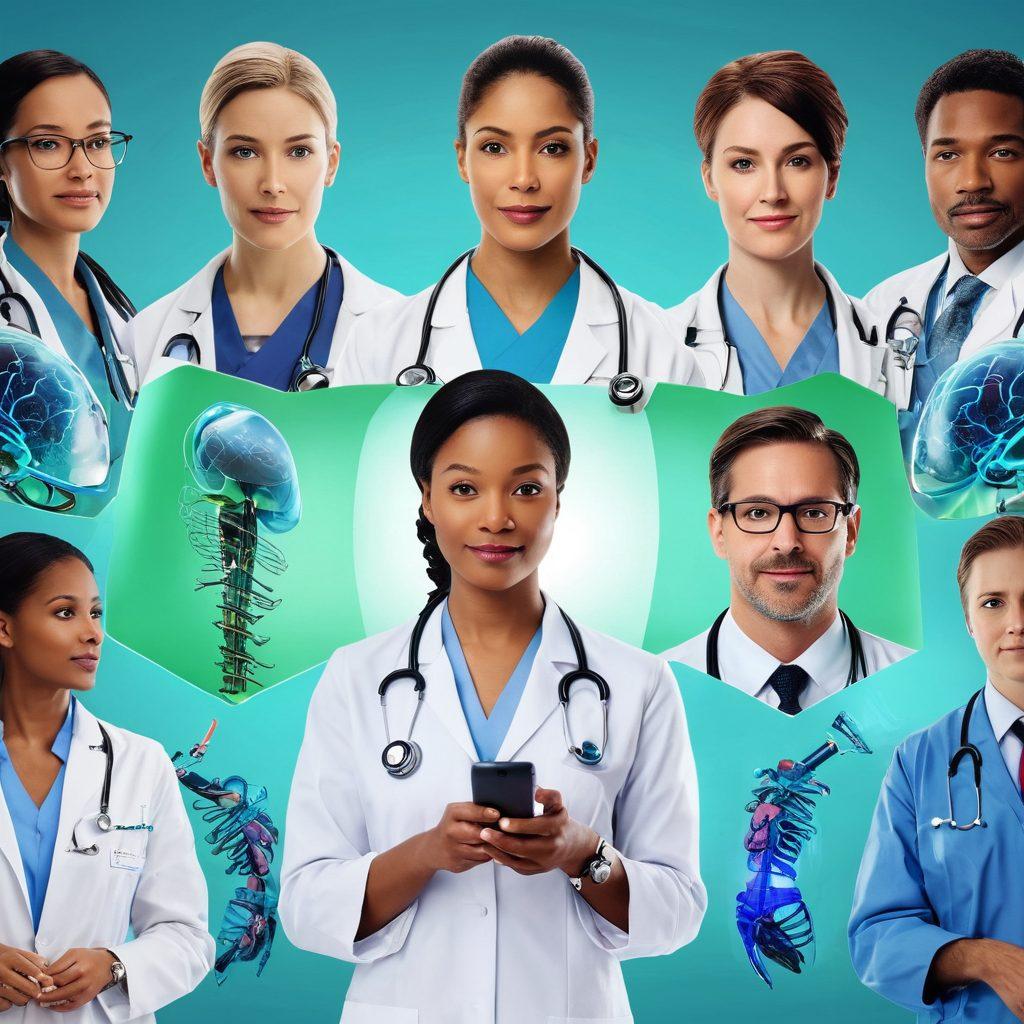 A dynamic montage showcasing diverse healthcare professionals collaborating on advanced patient care technologies, including telemedicine, robotic surgery, and personalized medicine. Include elements like digital interfaces, 3D models of organs, and positive patient interactions, surrounded by vibrant blue and green tones symbolizing innovation and healing. super-realistic. vibrant colors. white background.